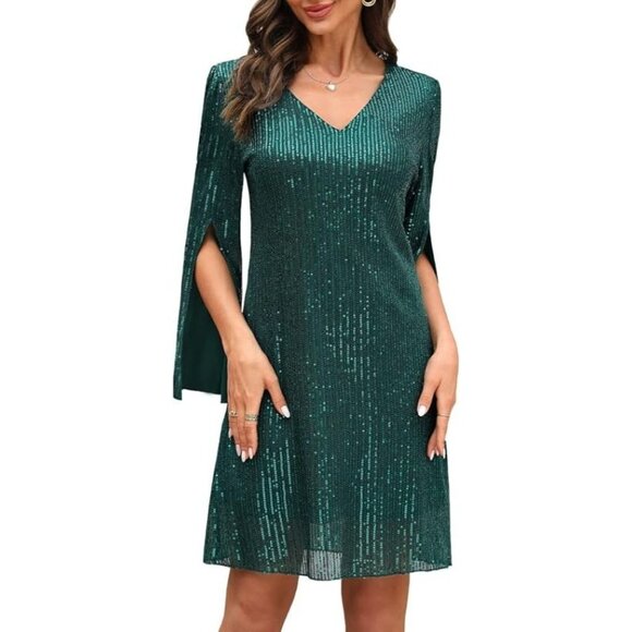 NWT 3X Cooan Emerald Green Sequin V-Neck Dress With Cape Sleeves - Picture 1 of 1
